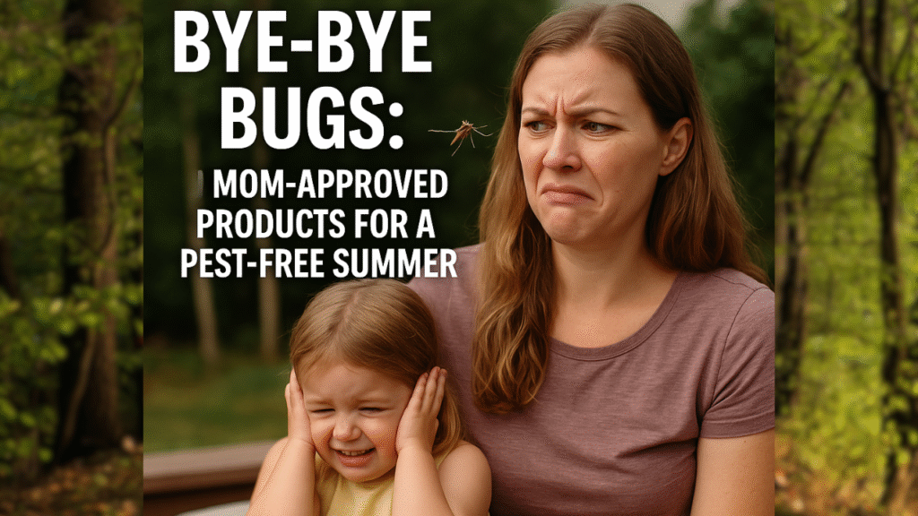 Mom holding child while swatting a mosquito outdoors, promoting safe, natural ways to keep bugs away in summer.